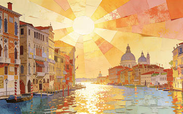 A radiant sunset illuminates Venice’s Grand Canal, transforming historic palaces, shimmering water, and distant domes into a vibrant, dreamlike celebration of light.  Image by Axie Breen.