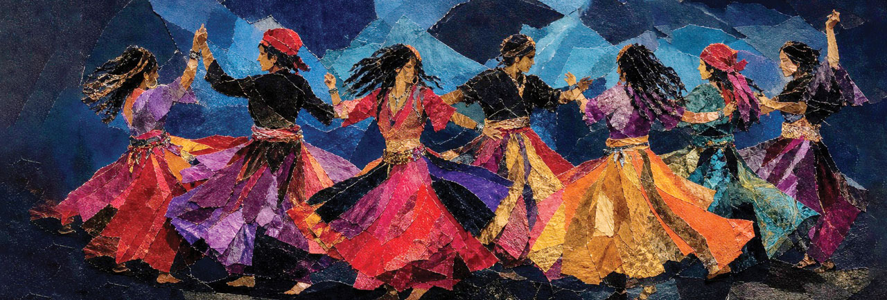 Colorfully dressed dancers whirl hand-in-hand, their flowing skirts creating vibrant movement against a dramatic blue, abstract background.  Artwork by Axie Breen.