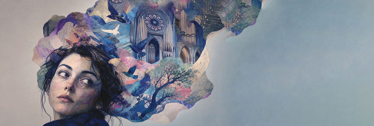 A contemplative woman emerges amid swirling colors, birds, trees, and an ornate organ, blending nature, music, and imagination in a dreamlike collage.  Artwork by Axie Breen.