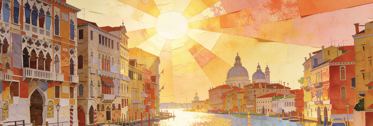 A radiant sunset illuminates Venice’s Grand Canal, transforming historic palaces, shimmering water, and distant domes into a vibrant, dreamlike celebration of light.  Artwork by Axie Breen.