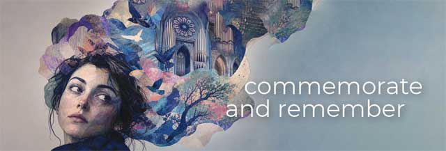 A contemplative woman emerges amid swirling colors, birds, trees, and an ornate organ, blending nature, music, and imagination in a dreamlike collage.  Artwork by Axie Breen.