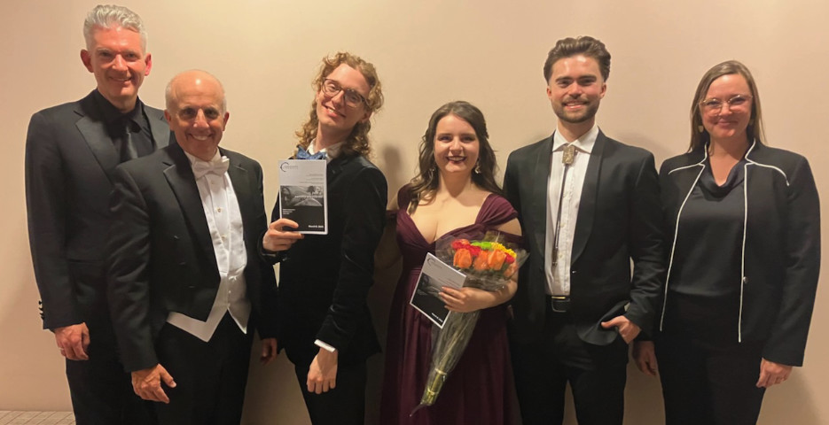 Commonwealth Chorale Artistic Director, Michael Driscoll, Rivers Symphony Orchestra Conductor, Christopher Memoli, tenor Morgan Mastrangelo, soprano Alexandra Henderson, baritone Nicholas Ottersberg-Enriquez, and Lauren Connors, Wellesley 6th Grade Treble Chorus Director.