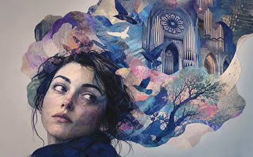 A contemplative woman emerges amid swirling colors, birds, trees, and an ornate organ, blending nature, music, and imagination in a dreamlike collage.    Image by Axie Breen.